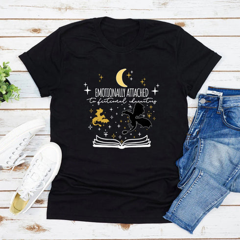 Emotionally Attached To Fictional Characters T Shirt Unisex Graphic Tee for Book Lovers Short Sleeve Casual Top